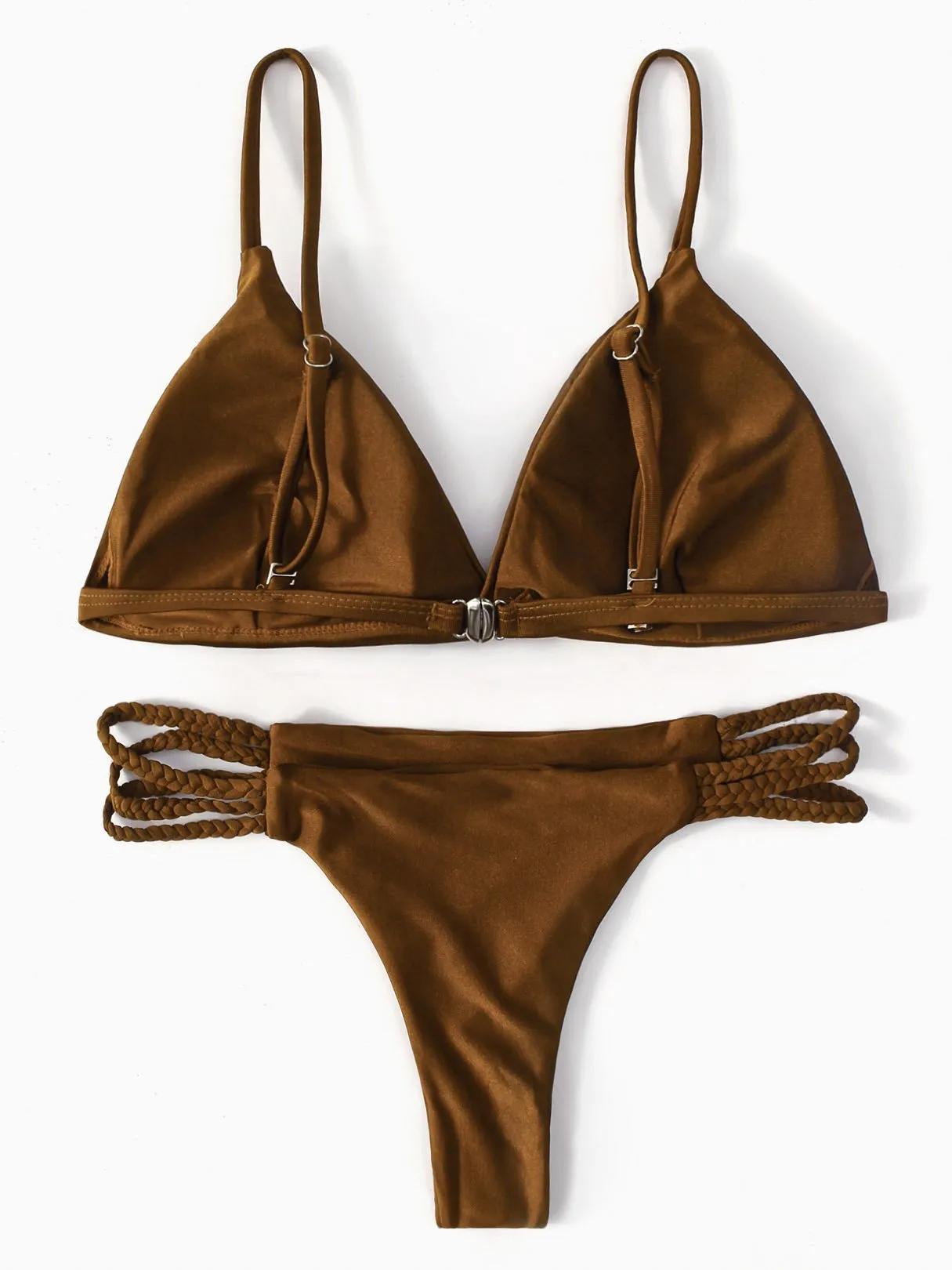 Wholesale Brown V-Neck Sleeveless Plain Backless Two Piece Bikinis