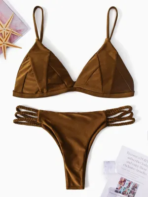 Wholesale Brown V-Neck Sleeveless Plain Backless Two Piece Bikinis