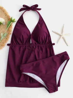 Wholesale Burgundy Halter V-Neck Plain Crossed Front Tie-Up Tankinis