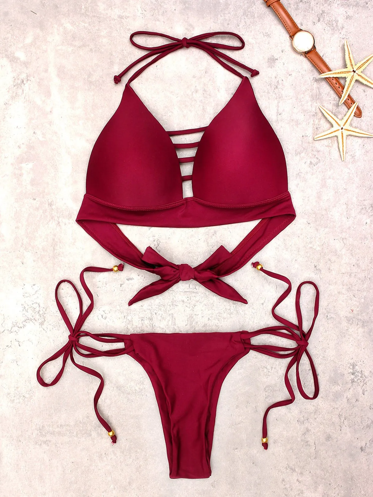 Wholesale Burgundy Sleeveless Lace-Up Bikinis