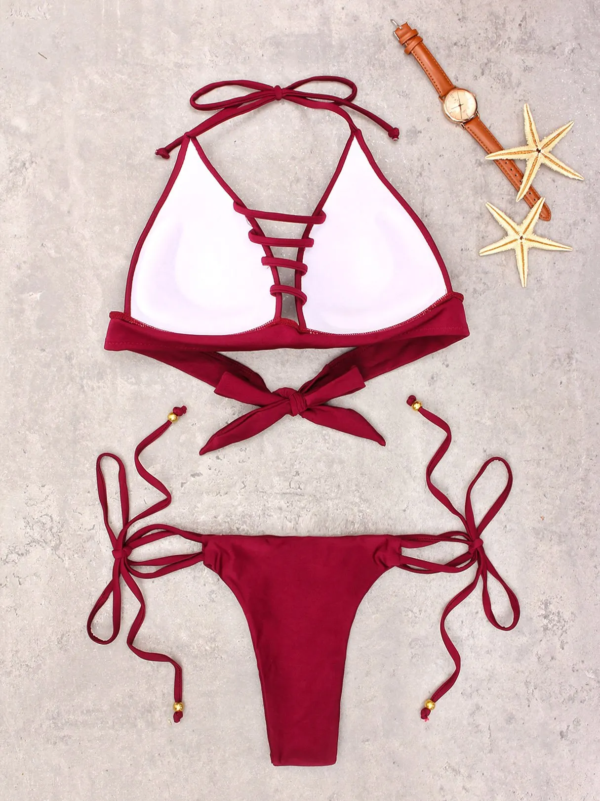 Wholesale Burgundy Sleeveless Lace-Up Bikinis