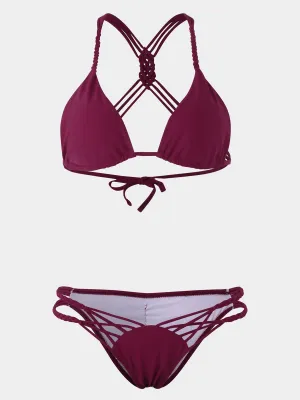 Wholesale Burgundy Sleeveless Lace-Up Low-waisted Swimwears Bikinis