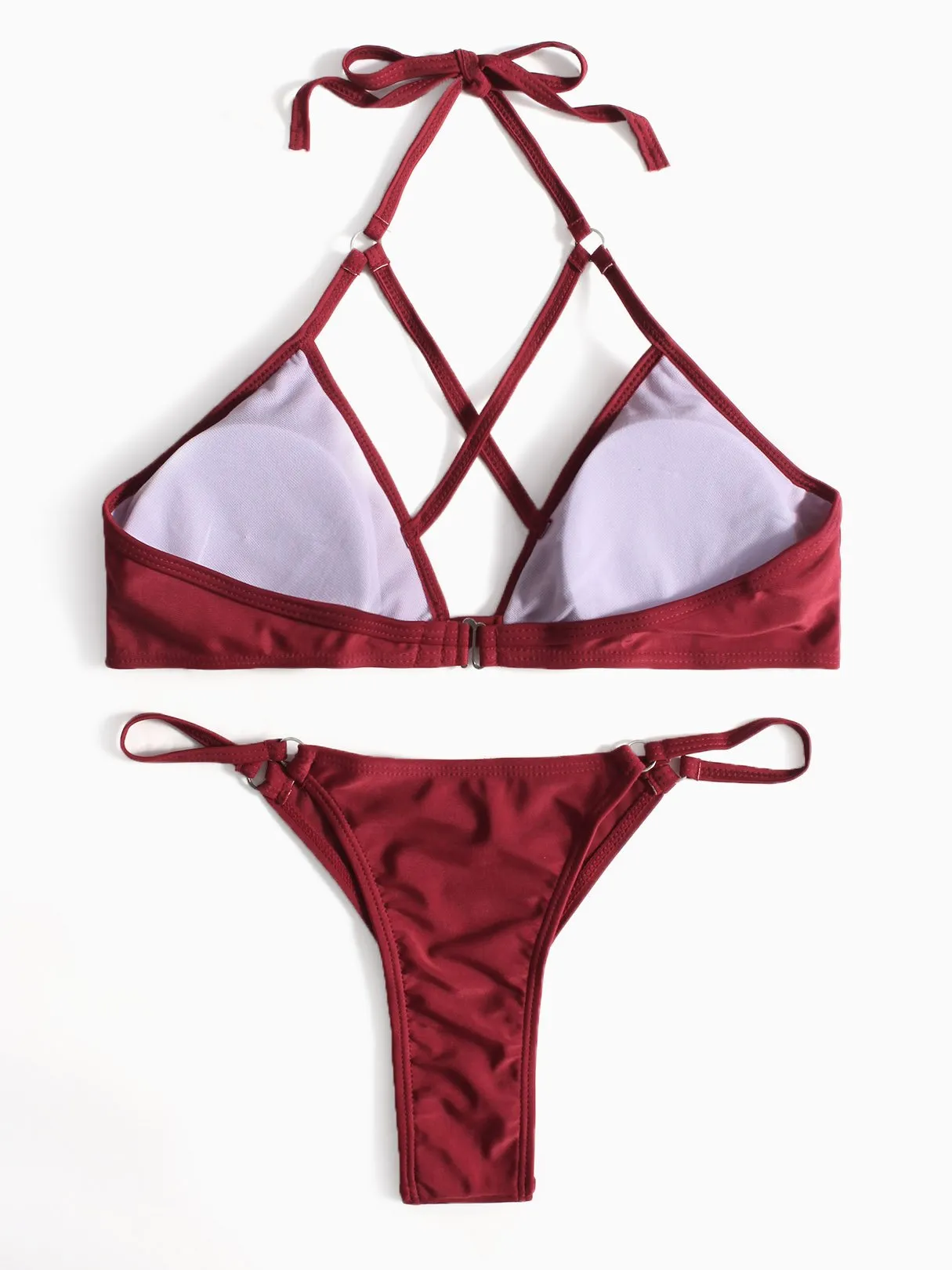 Wholesale Burgundy V-Neck Sleeveless Crossed Front Backless Partially Lined Bodycon High Waist Two Piece Bikinis