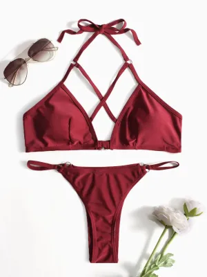Wholesale Burgundy V-Neck Sleeveless Crossed Front Backless Partially Lined Bodycon High Waist Two Piece Bikinis