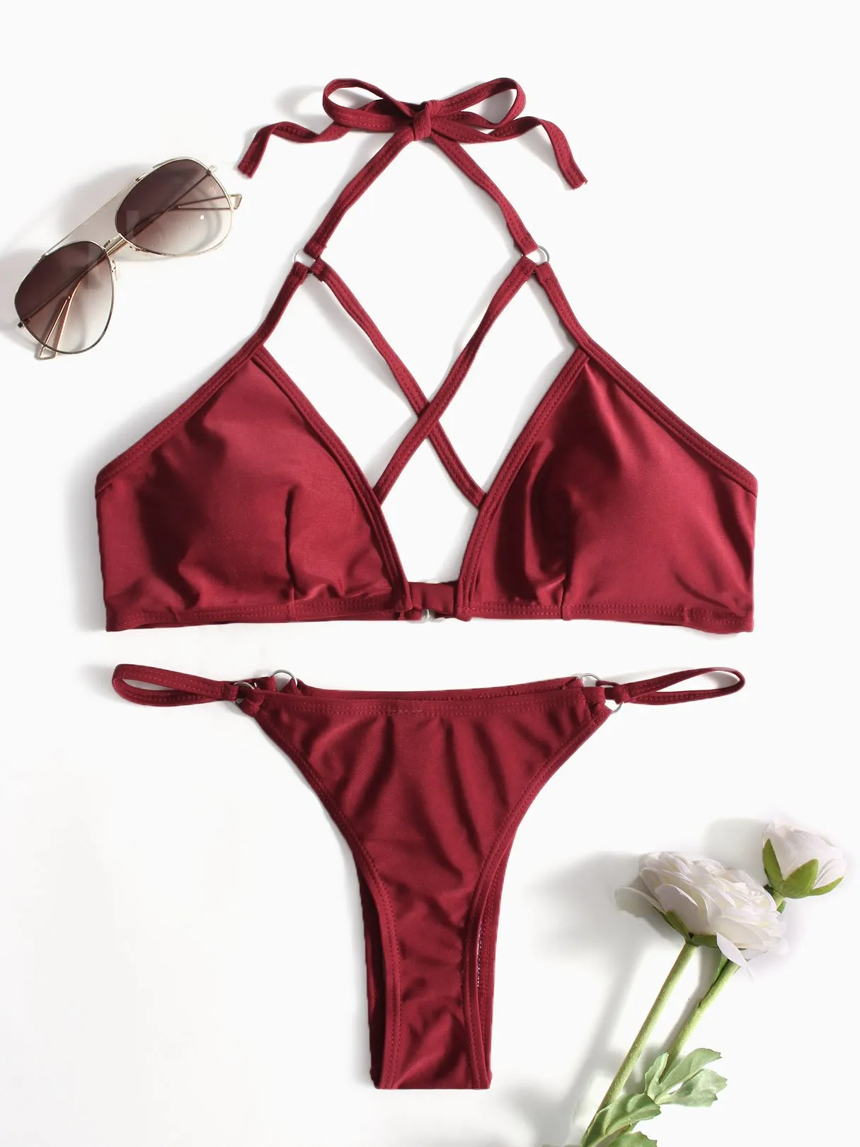 Wholesale Burgundy V-Neck Sleeveless Crossed Front Backless Partially Lined Bodycon High Waist Two Piece Bikinis