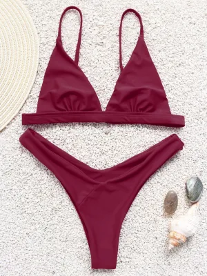 Wholesale Burgundy V-Neck Sleeveless Plain Bikini Swimsuit