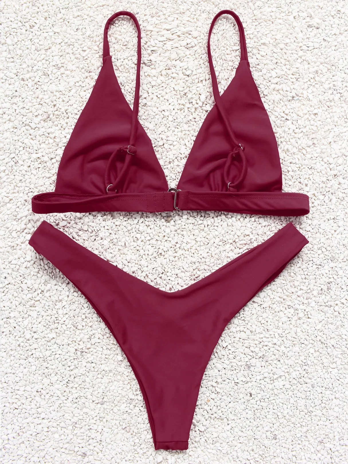 Wholesale Burgundy V-Neck Sleeveless Plain Bikini Swimsuit