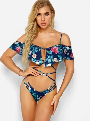 Wholesale Cold Shoulder Floral Print Criss-Cross Short Sleeve Bikinis