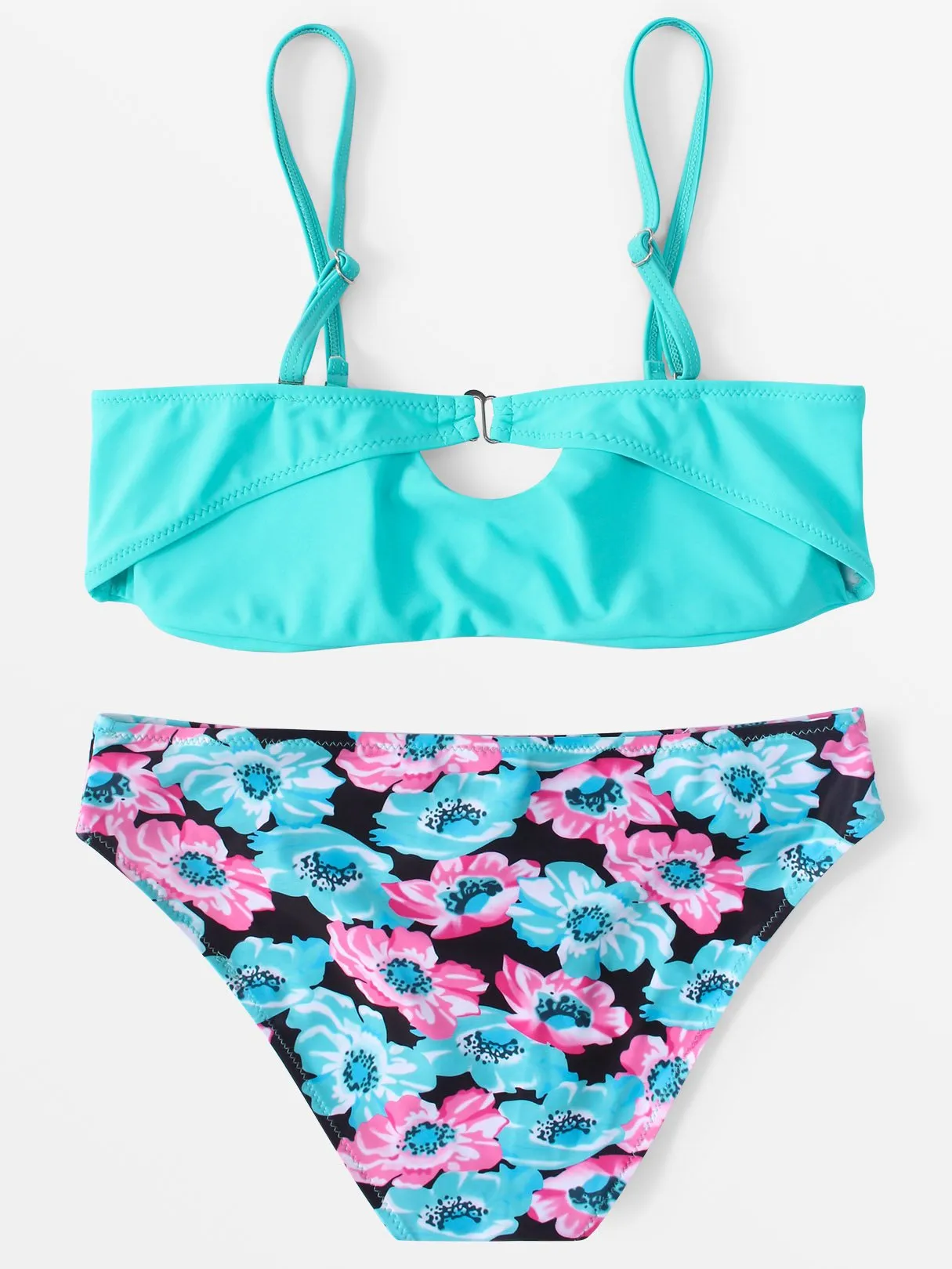 Wholesale Deep V-Neck Sleeveless Floral Print Bowknot Two Piece Bikinis