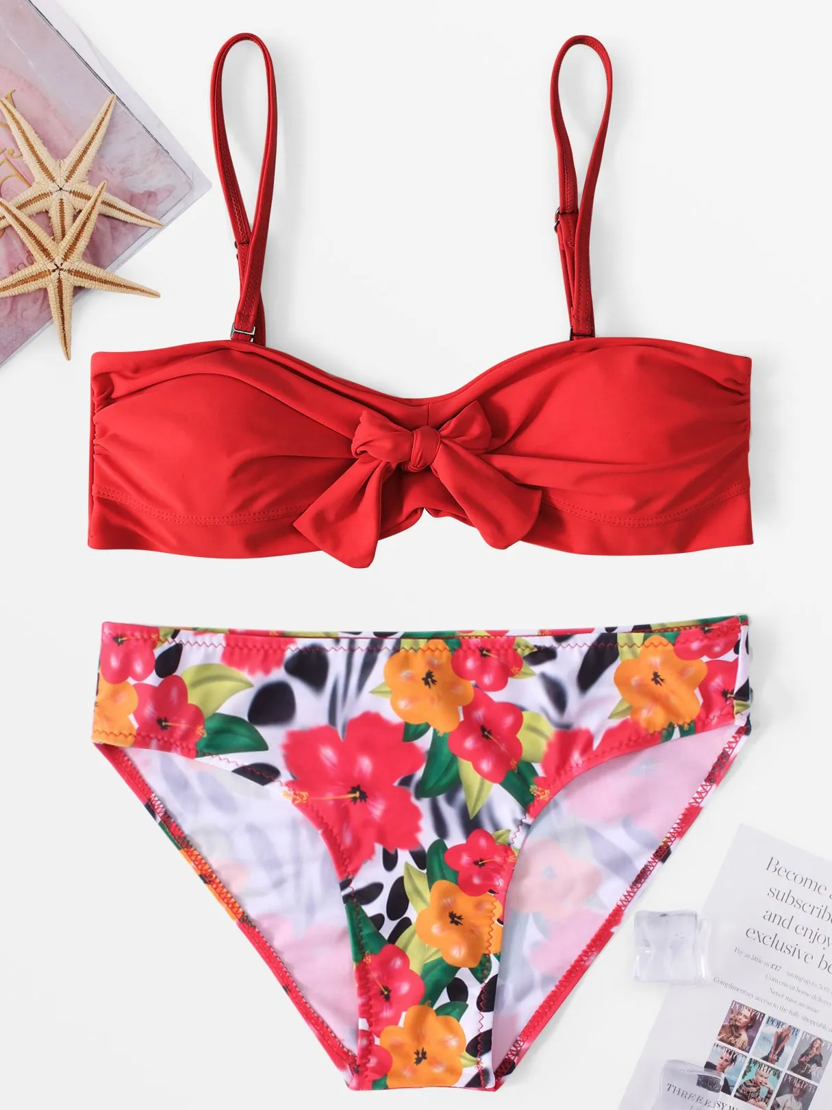 Wholesale Deep V-Neck Sleeveless Floral Print Bowknot Two Piece Bikinis