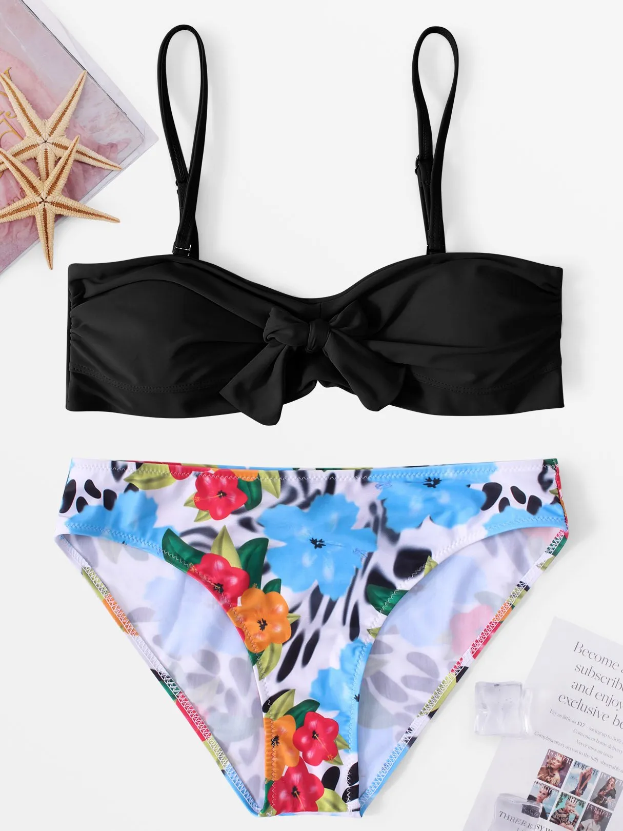 Wholesale Deep V-Neck Sleeveless Floral Print Bowknot Two Piece Bikinis