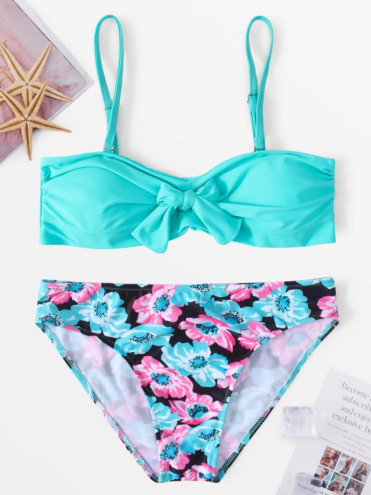 Wholesale Deep V-Neck Sleeveless Floral Print Bowknot Two Piece Bikinis