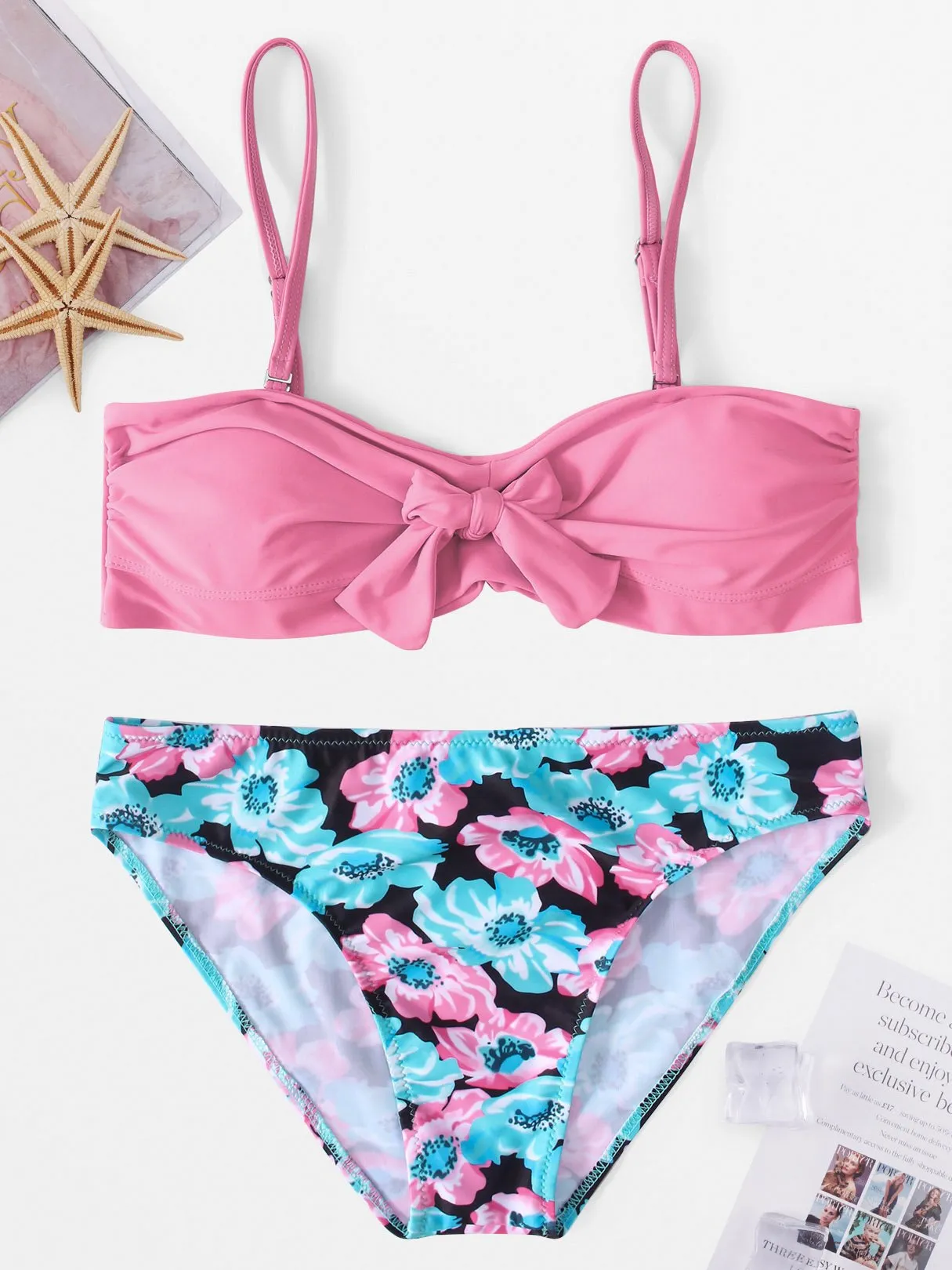 Wholesale Deep V-Neck Sleeveless Floral Print Bowknot Two Piece Bikinis
