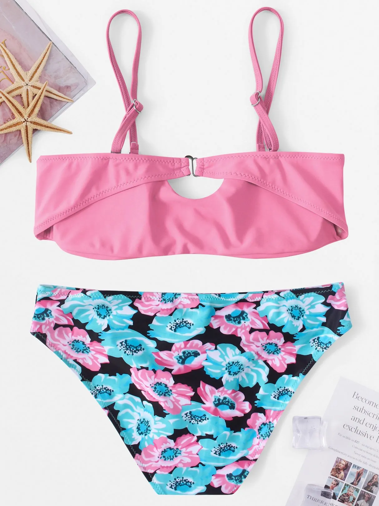 Wholesale Deep V-Neck Sleeveless Floral Print Bowknot Two Piece Bikinis