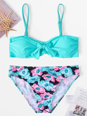 Wholesale Deep V-Neck Sleeveless Floral Print Bowknot Two Piece Bikinis