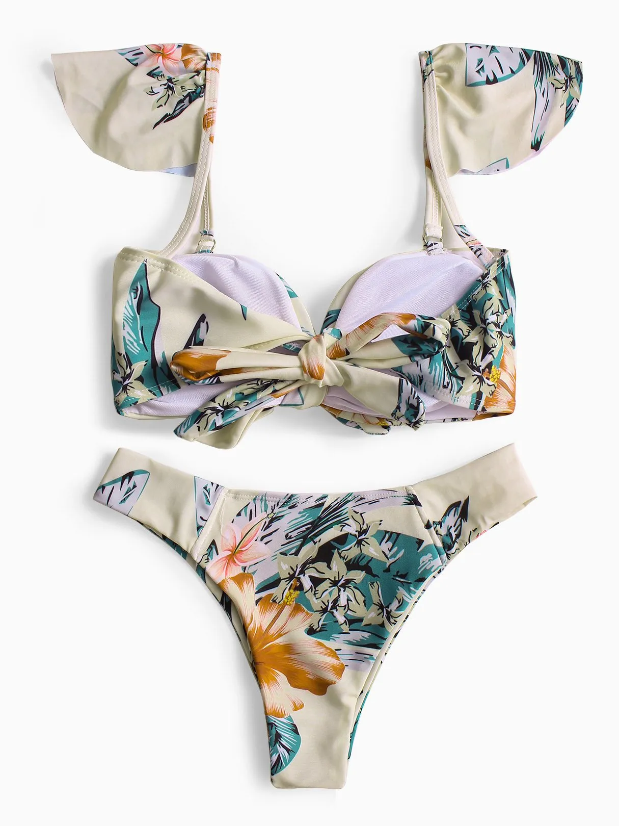 Wholesale Floral Print Tie-Up Sleeveless Beige Bikinis