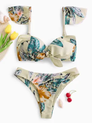Wholesale Floral Print Tie-Up Sleeveless Beige Bikinis