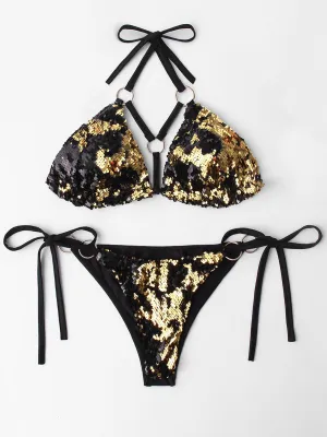 Wholesale Gold Halter Sleeveless Backless Sequins Embellished Two Piece Bikinis
