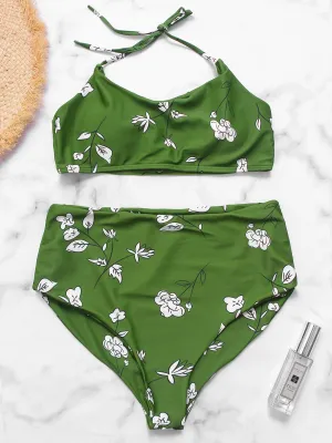 Wholesale Green Halter Scoop Neck Sleeveless Floral Print Tie-Up High Waist 2 Piece Bikinis