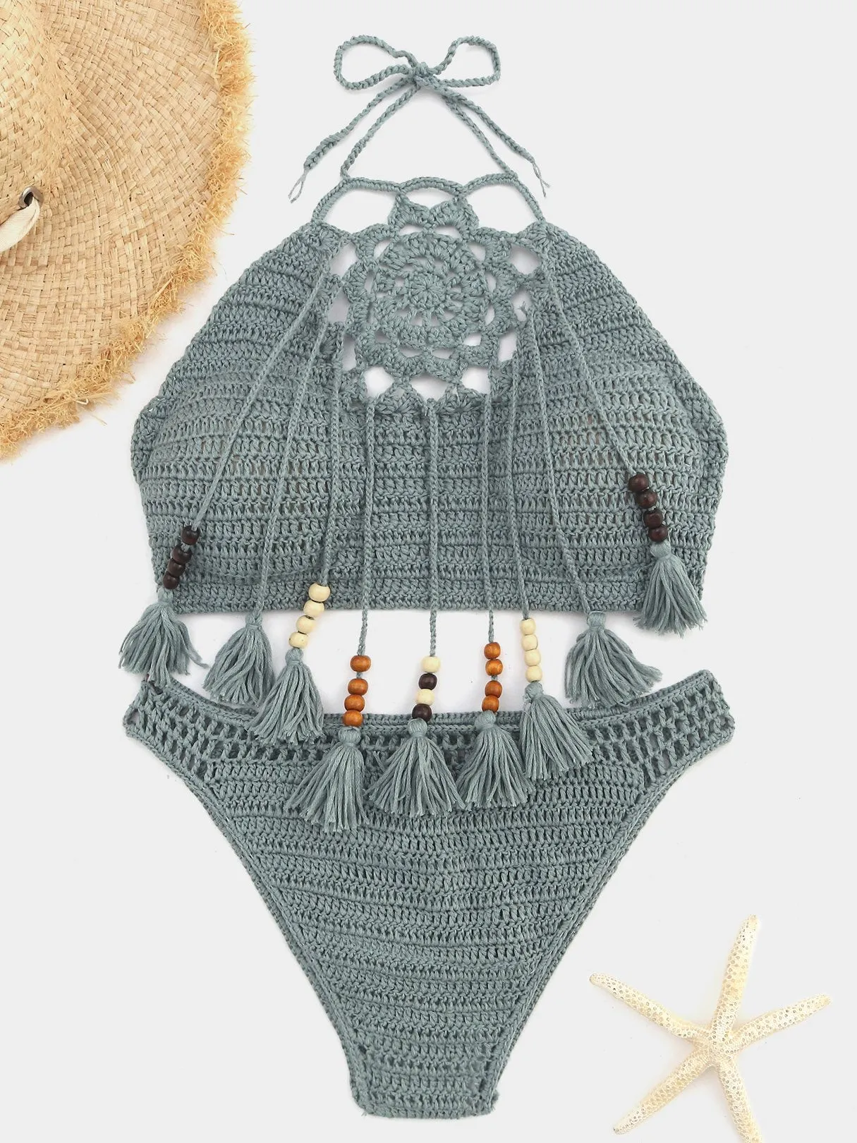 Wholesale Green Halter Sleeveless Tassel Tie-Up Bikini Swimwear