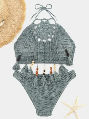 Wholesale Green Halter Sleeveless Tassel Tie-Up Bikini Swimwear