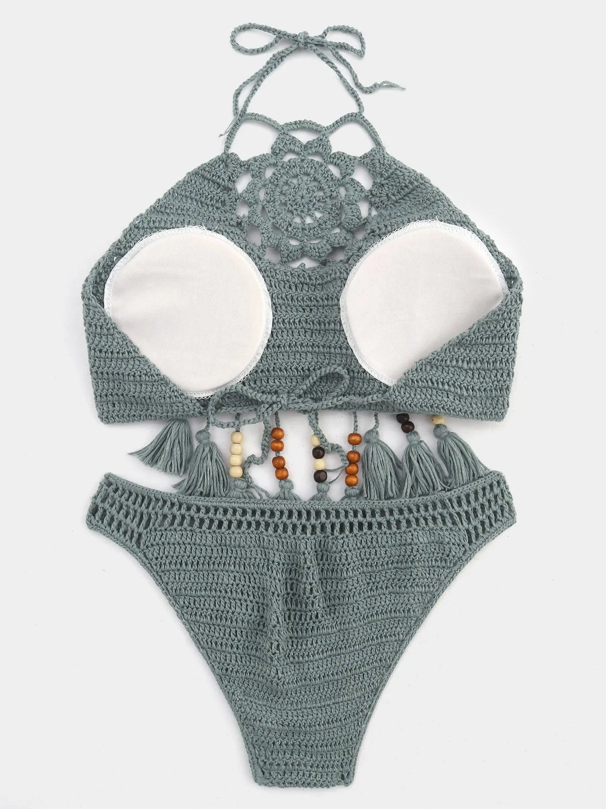 Wholesale Green Halter Sleeveless Tassel Tie-Up Bikini Swimwear