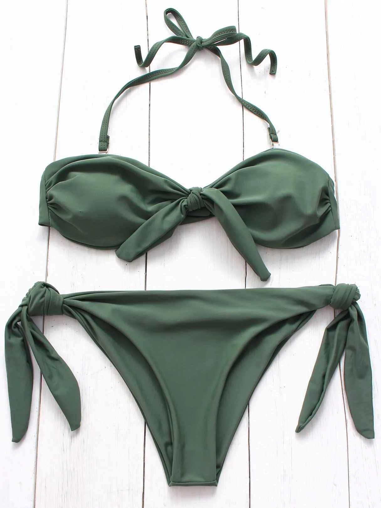 Wholesale Green Off The Shoulder Sleeveless Plain Self-Tie Bikinis