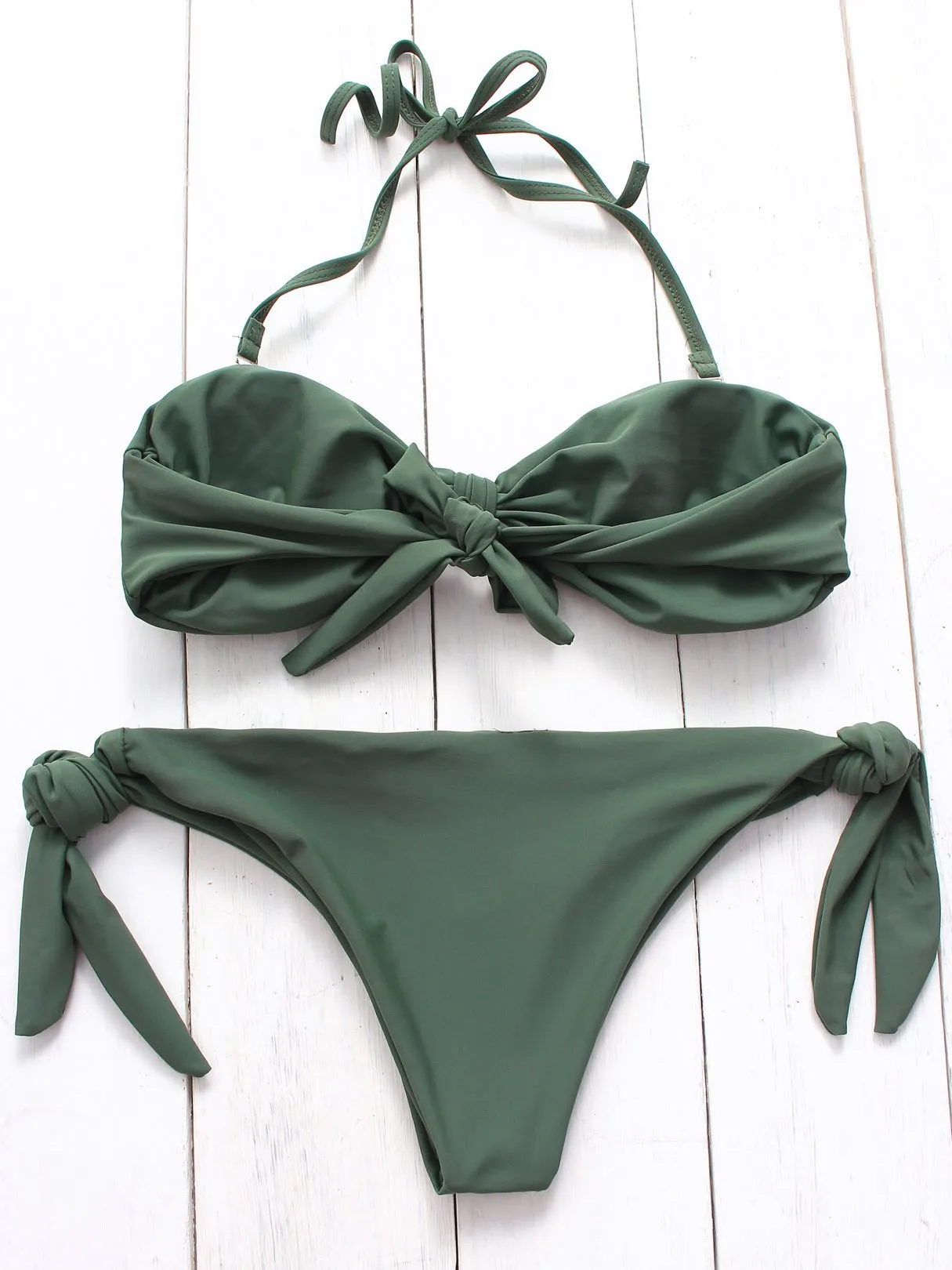 Wholesale Green Off The Shoulder Sleeveless Plain Self-Tie Bikinis