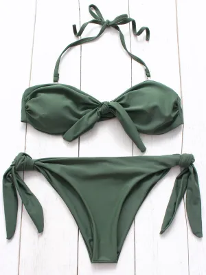 Wholesale Green Off The Shoulder Sleeveless Plain Self-Tie Bikinis