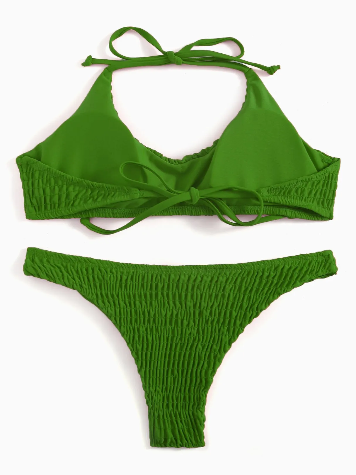 Wholesale Green Scoop Neck Sleeveless Plain Backless Stitching Hem Two Piece Bikinis