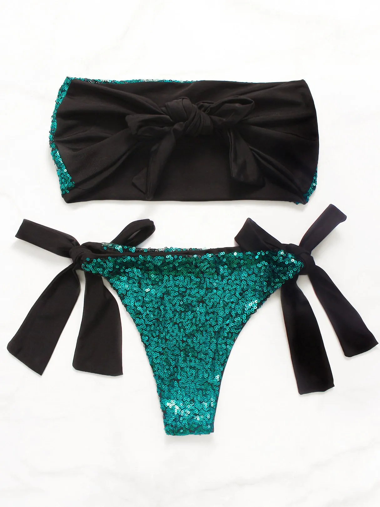 Wholesale Green Strapless Off The Shoulder Sleeveless Fantasy Colour Backless Sequins Embellished Tie-Up Bikinis
