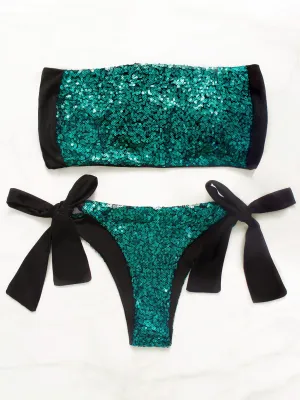 Wholesale Green Strapless Off The Shoulder Sleeveless Fantasy Colour Backless Sequins Embellished Tie-Up Bikinis