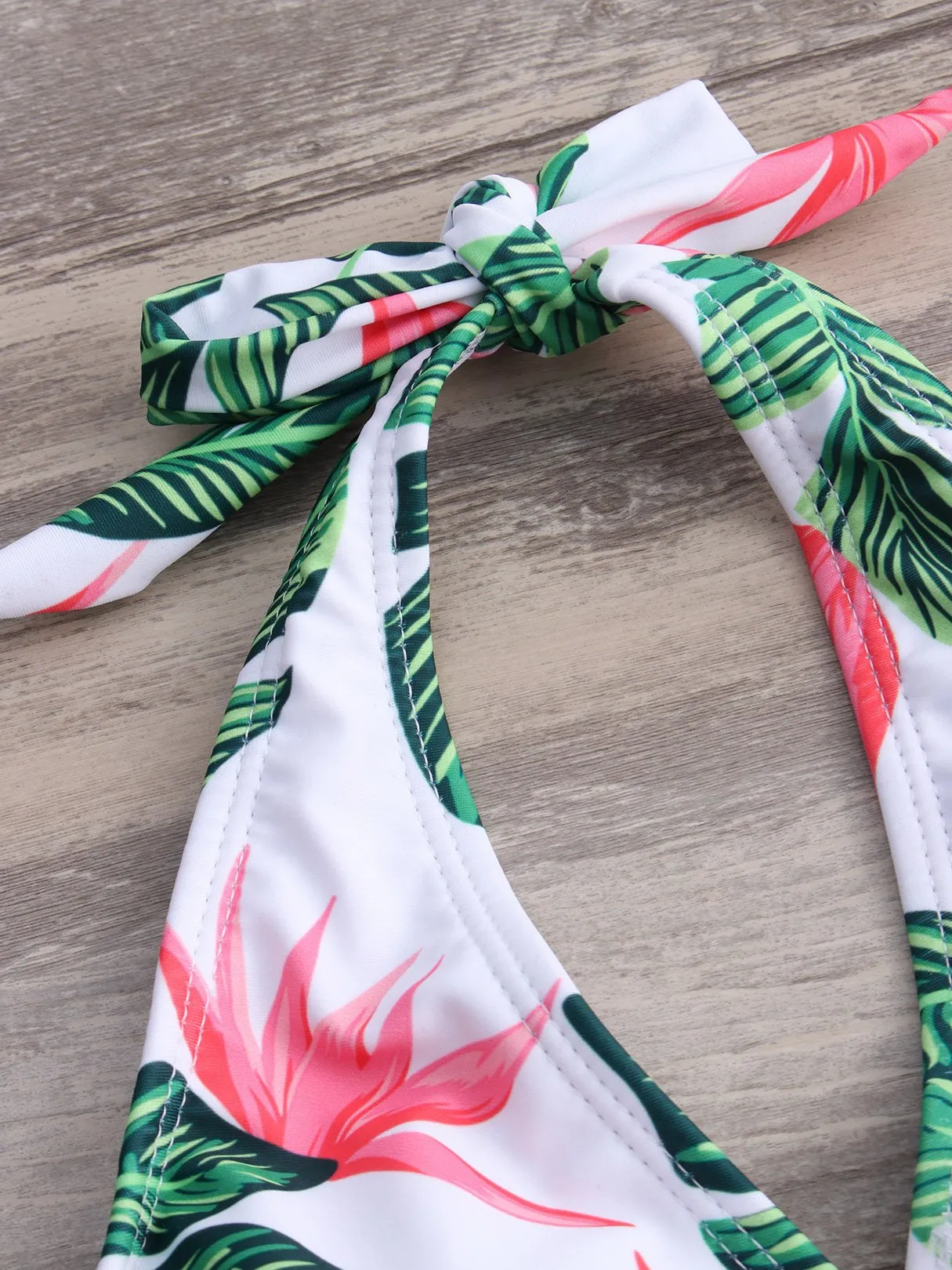 Wholesale Green V-Neck Sleeveless Floral Print Crossed Front Backless Cut Out Tie-Up Bikinis