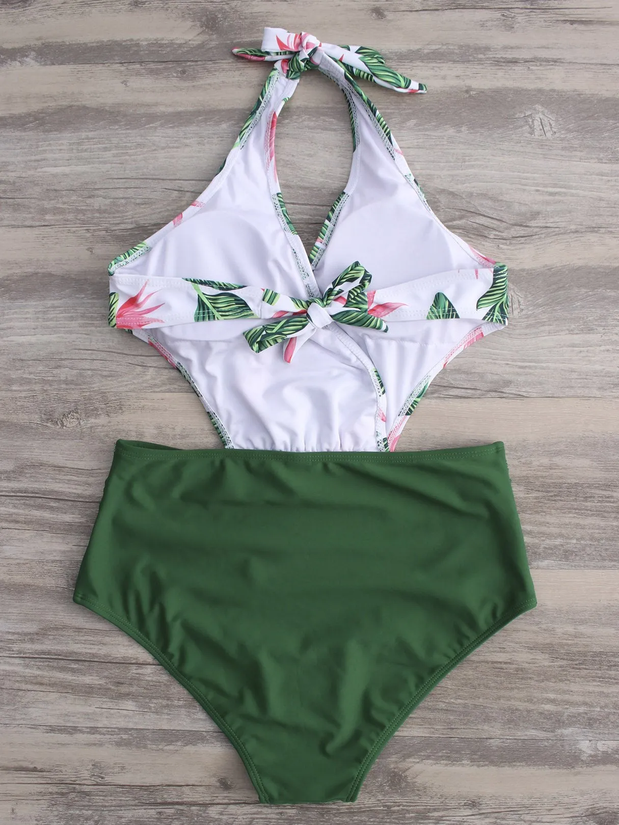 Wholesale Green V-Neck Sleeveless Floral Print Crossed Front Backless Cut Out Tie-Up Bikinis