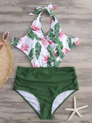 Wholesale Green V-Neck Sleeveless Floral Print Crossed Front Backless Cut Out Tie-Up Bikinis