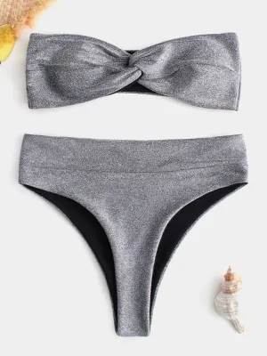 Wholesale Grey Bateau Sleeveless Plain Crossed Front Twist Two Piece Bikinis