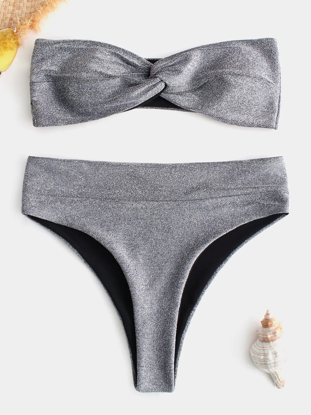 Wholesale Grey Bateau Sleeveless Plain Crossed Front Twist Two Piece Bikinis