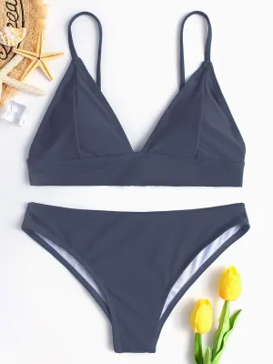 Wholesale Grey Deep V Neck Sleeveless Spaghetti Strap Two Piece Bikinis