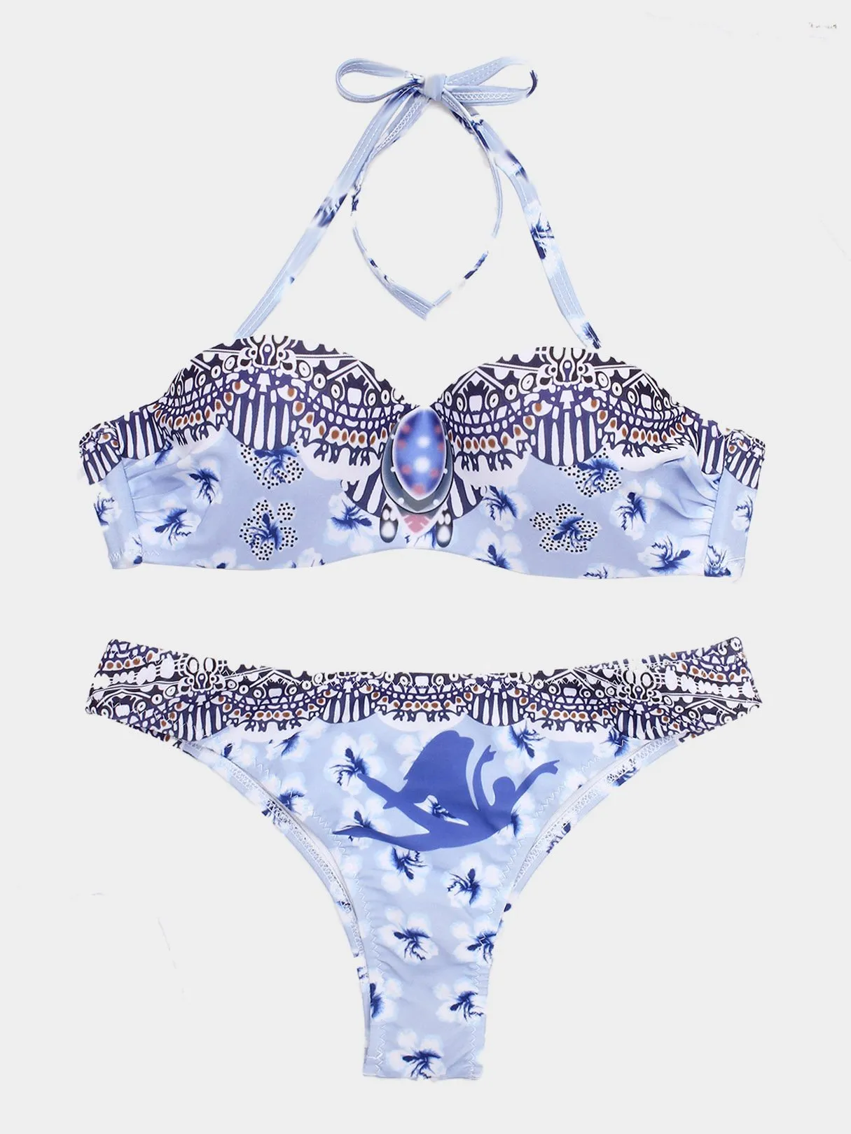 Wholesale Halter Floral Print Backless Sleeveless Bikini Set
