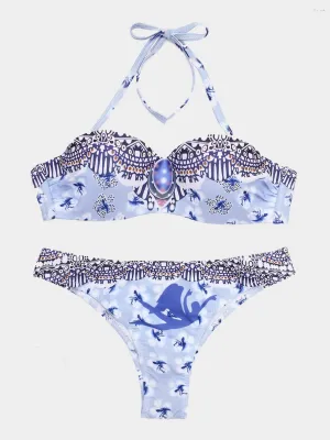Wholesale Halter Floral Print Backless Sleeveless Bikini Set