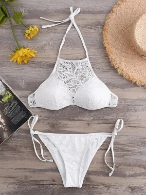 Wholesale Halter Lace Backless Self-Tie Sleeveless White Bikini Set