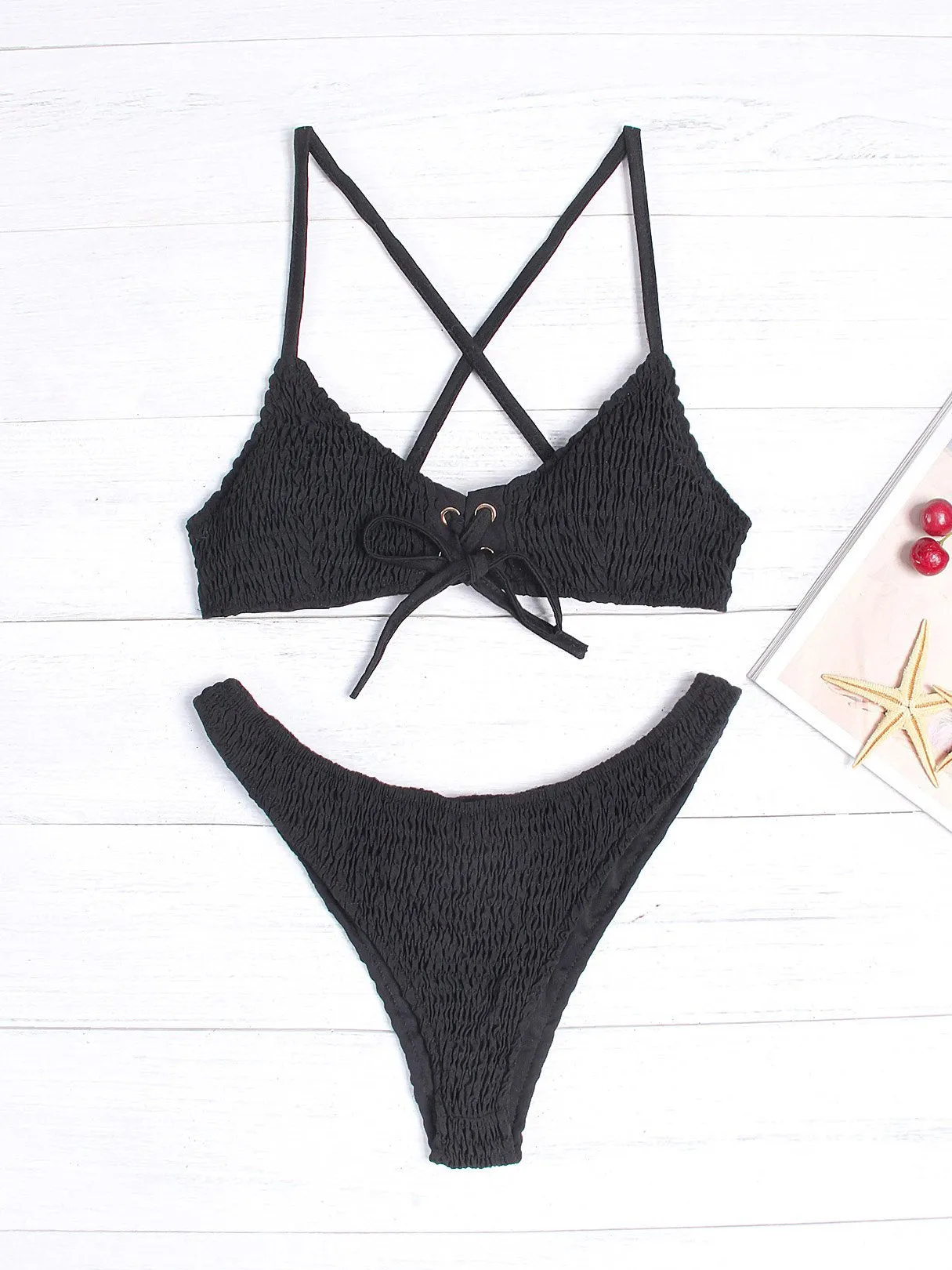 Wholesale Halter Lace-Up Two Piece Bikinis