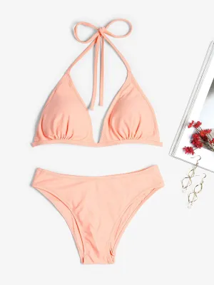 Wholesale Halter Lace-Up Wireless Sleeveless Pink Bikinis