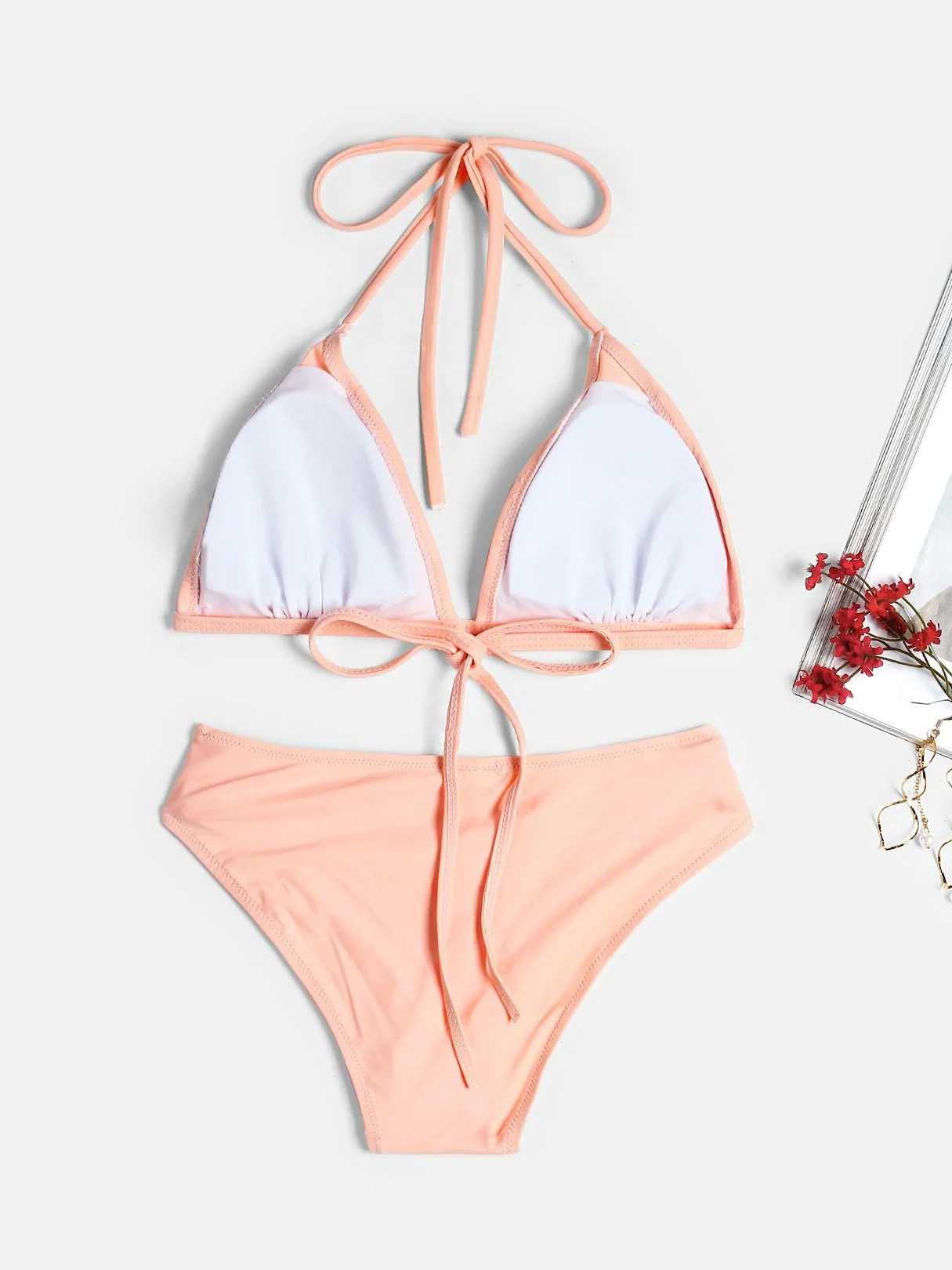 Wholesale Halter Lace-Up Wireless Sleeveless Pink Bikinis