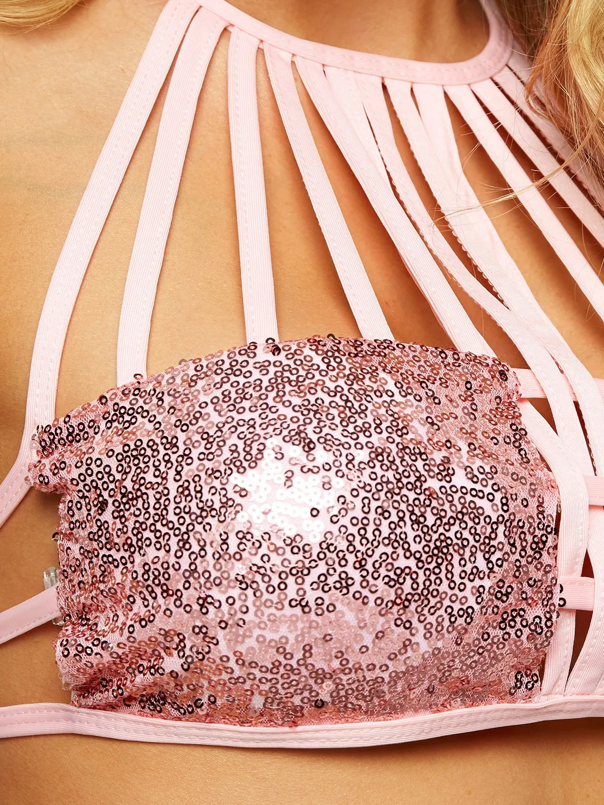 Wholesale Halter Plain Backless Hollow Lace-Up Cut Out Sequins Embellished Sleeveless Pink Bikinis