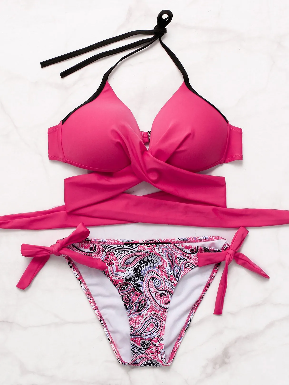 Wholesale Halter Sleeveless Crossed Front Lace-Up Tie-Up Bikinis