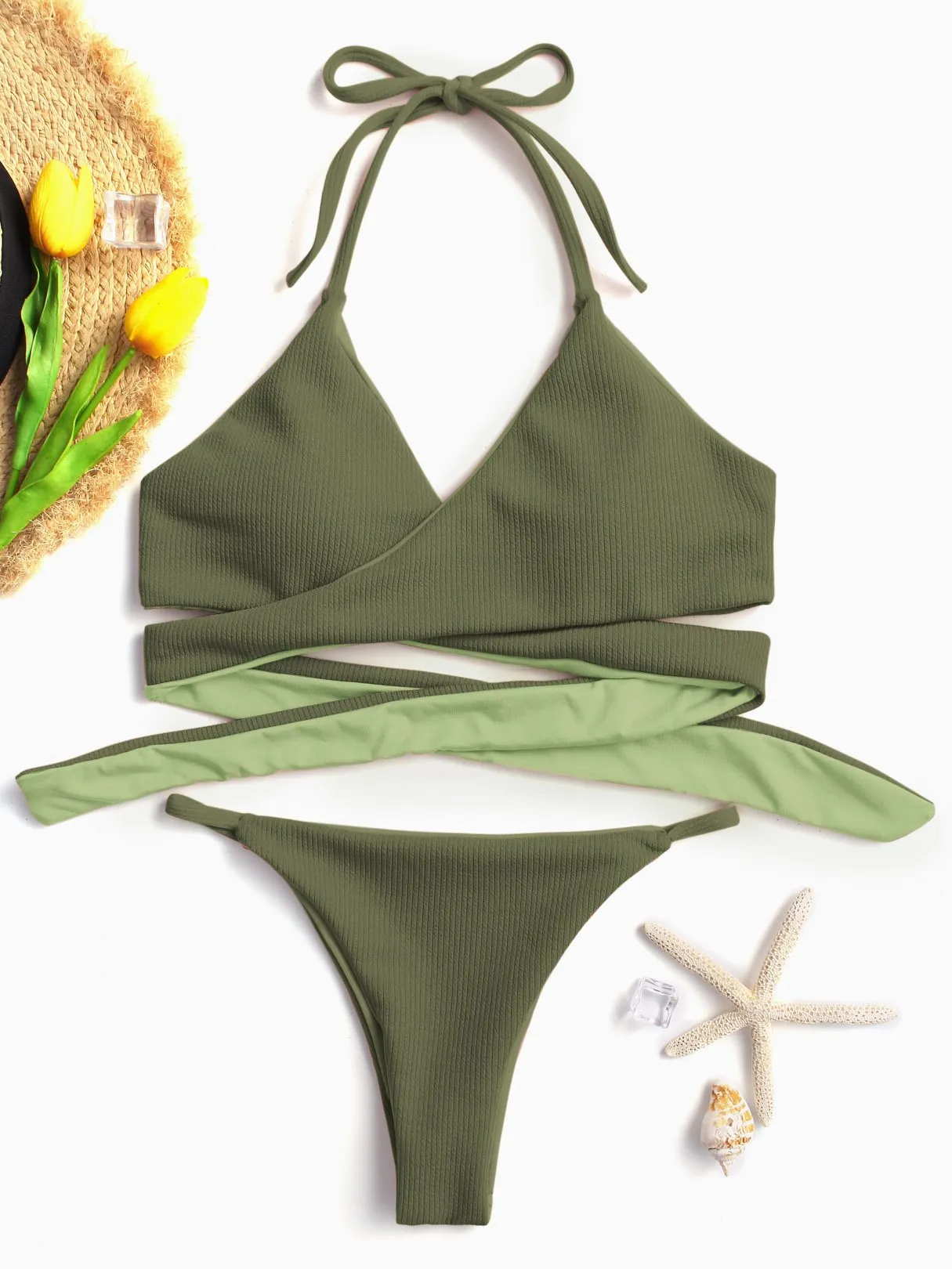 Wholesale Halter Sleeveless Crossed Front Two Piece Bikinis