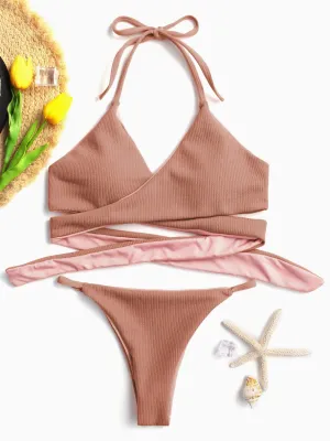 Wholesale Halter Sleeveless Crossed Front Two Piece Bikinis