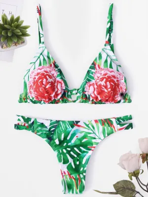 Wholesale Halter Sleeveless Floral Print Backless Lace-Up 2 Piece Bikinis