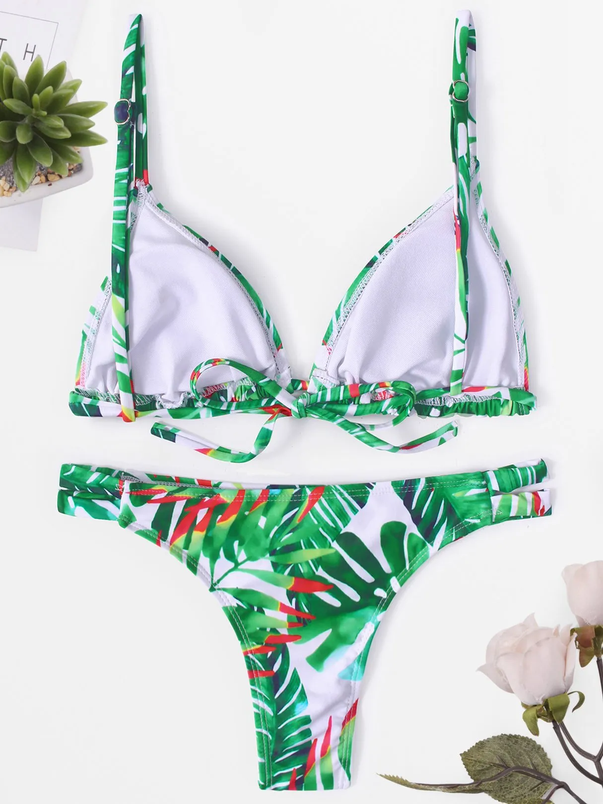 Wholesale Halter Sleeveless Floral Print Backless Lace-Up 2 Piece Bikinis